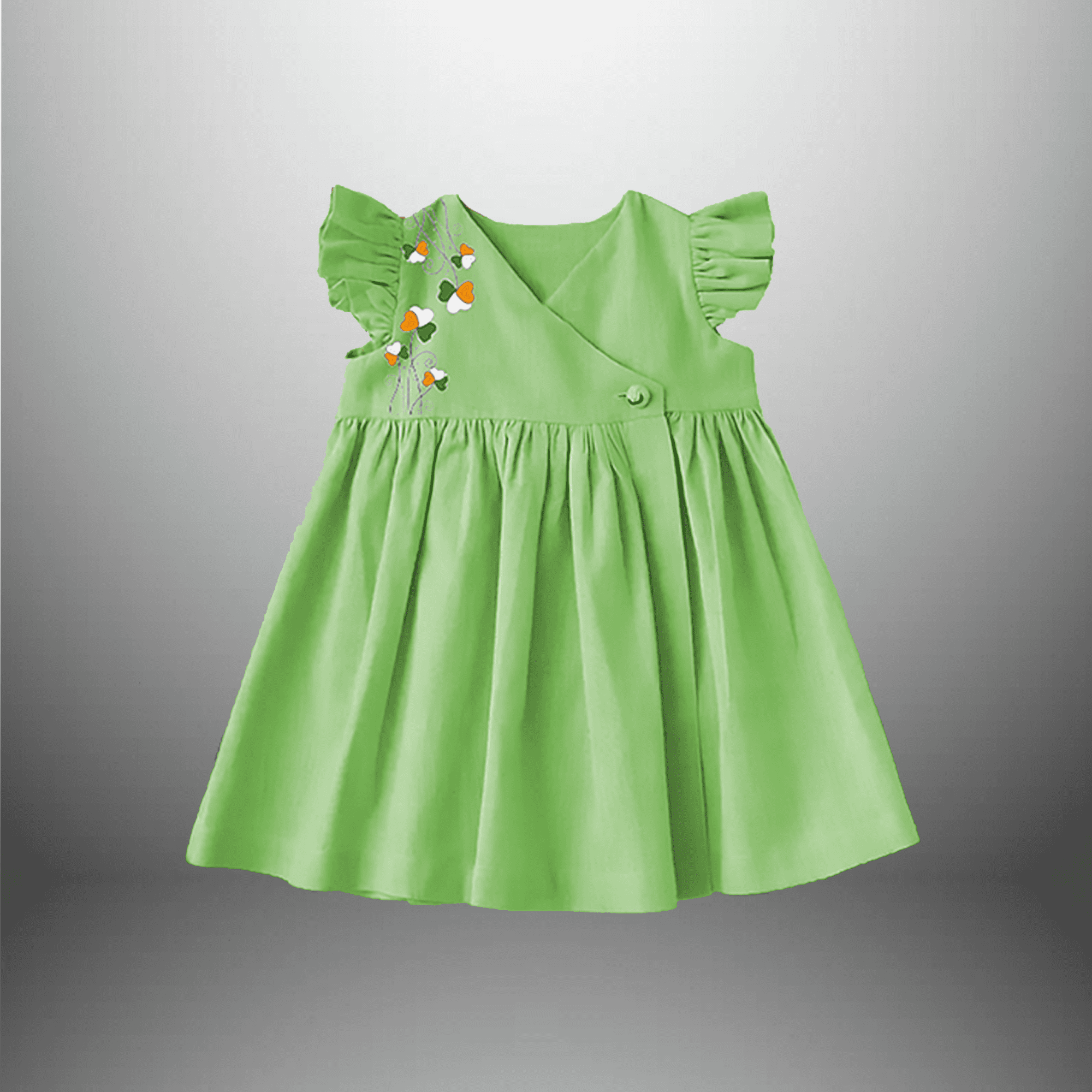 Girls Knee Length Frock with Frills and Tri-color Motif-RKFCW377